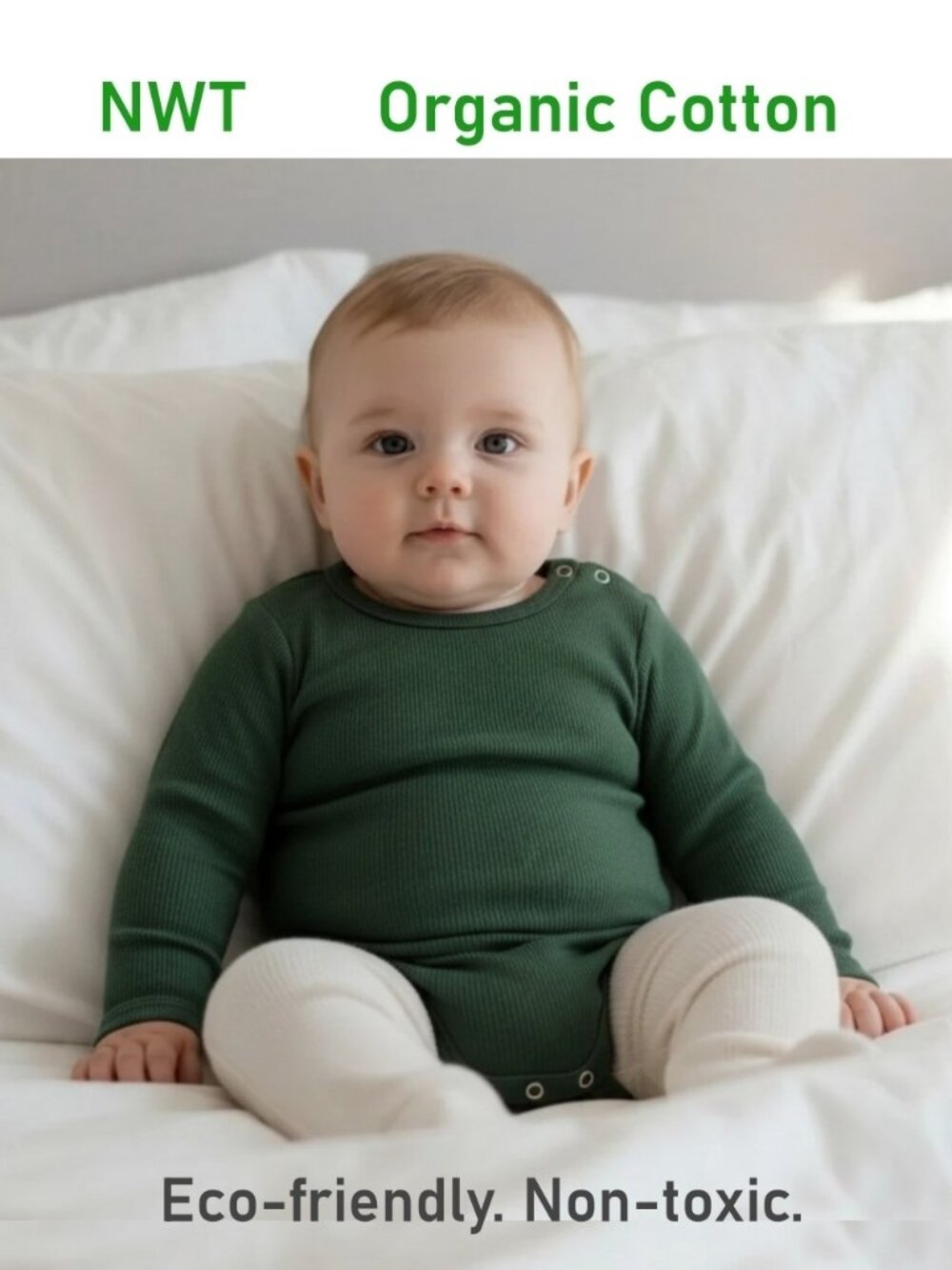 MUSLI Organic cotton Long-sleeve Rib Bodysuit in Deep Green color SIZE 3-6M